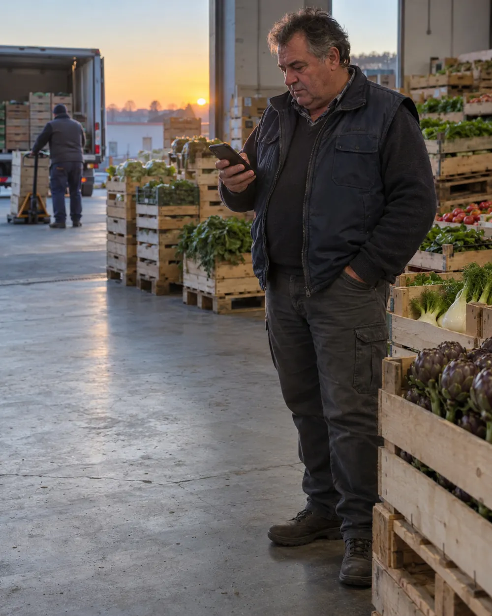 Titolare di un grossista di ortofrutta nel magazzino all’alba