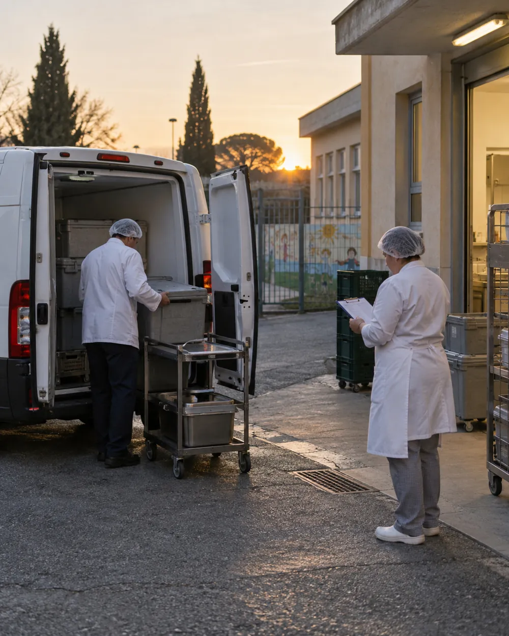 Furgone refrigerato sul retro di una scuola all’alba, addetta con la bolla