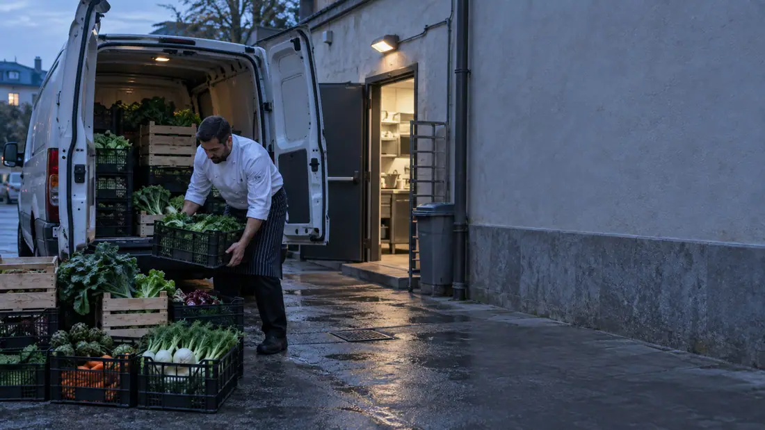 Furgone del fornitore sul retro del ristorante all'alba