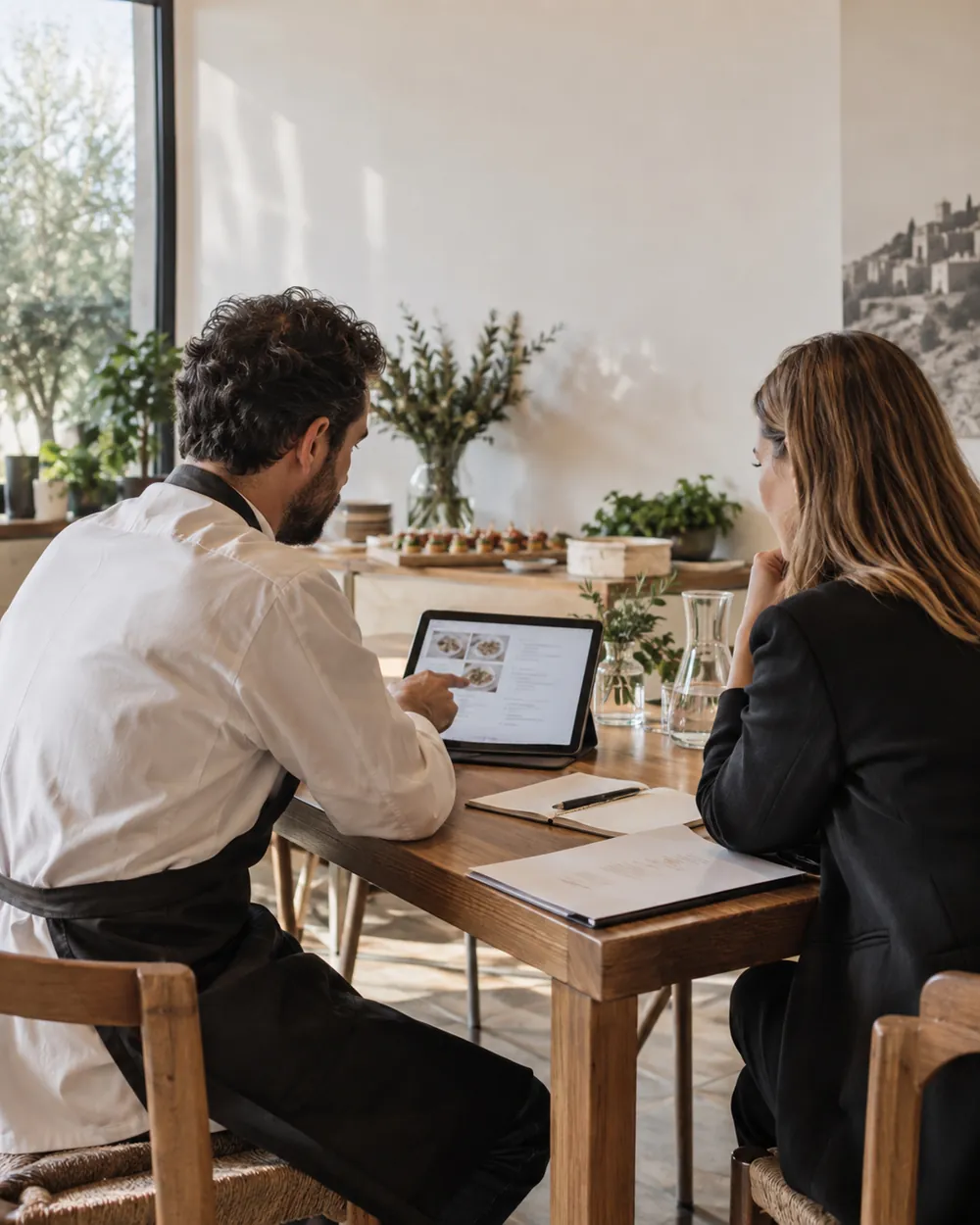 Titolare di catering e cliente con il preventivo sul tablet
