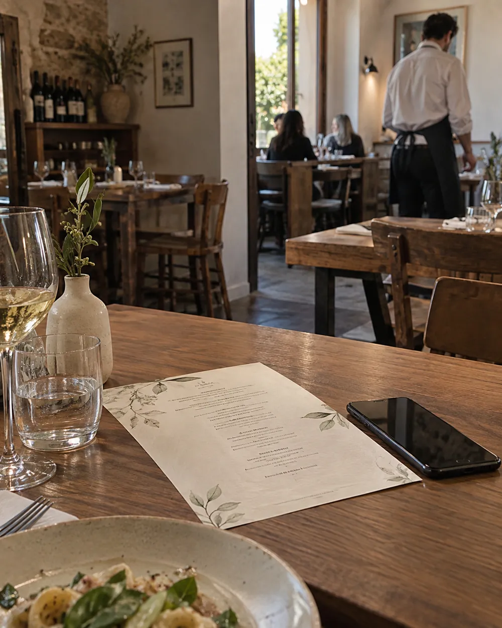 Menu stampato sul tavolo, accanto il telefono con il piatto sotto margine