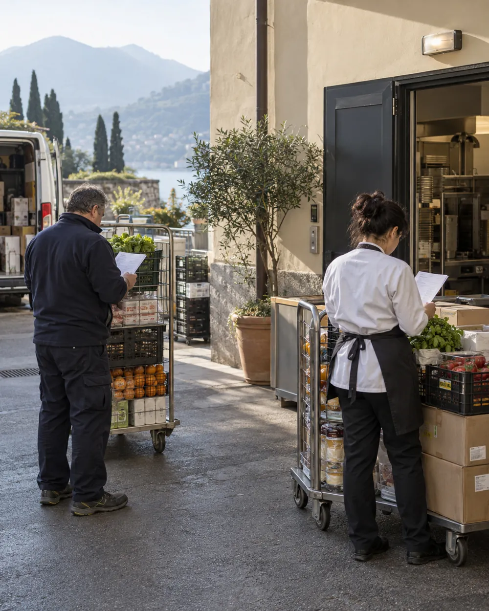 Due consegne dello stesso fornitore sul retro di un hotel, due bolle in mano a due persone