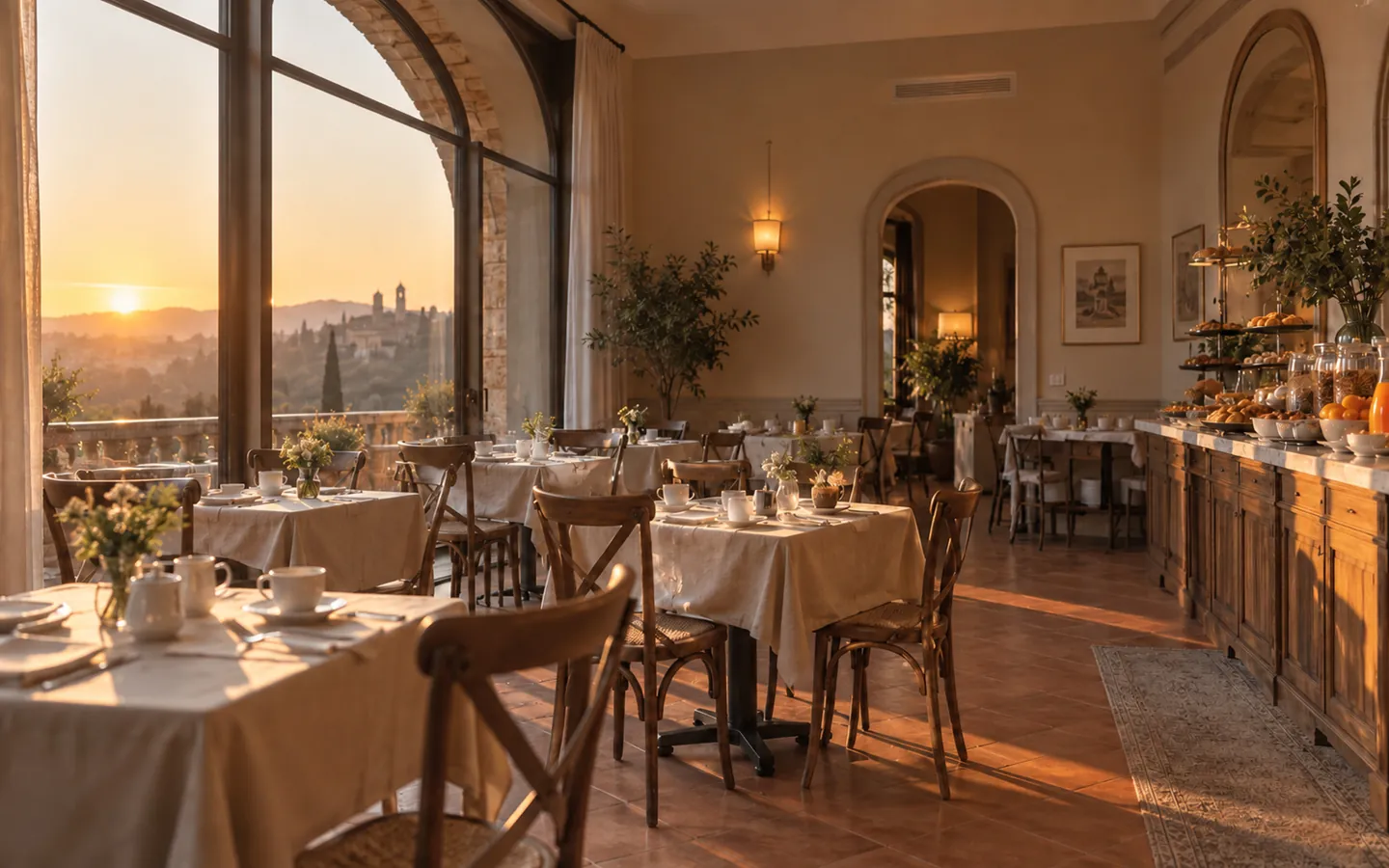 Sala colazioni di un hotel vuota all’alba