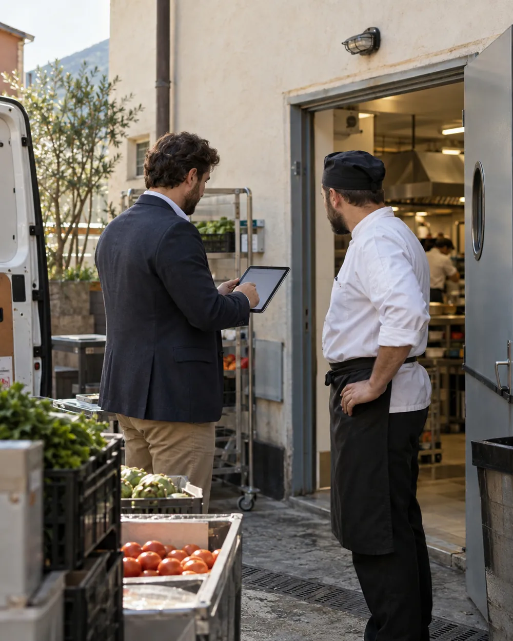 Agente con il tablet sul retro di un ristorante, lo chef sulla porta