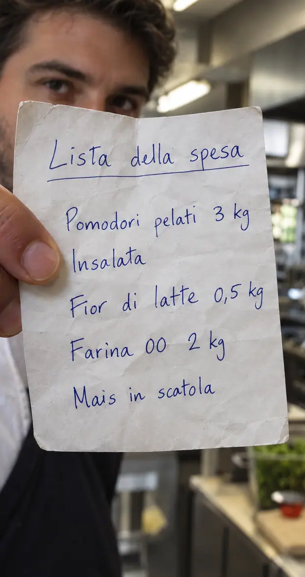 Foglietto della spesa scritto a mano, inquadrato dalla fotocamera