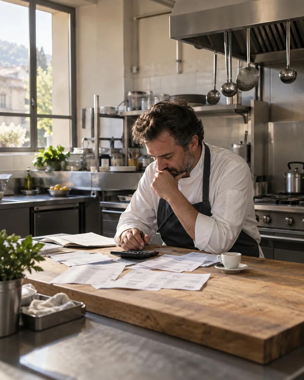 Titolare con calcolatrice e fatture sul tagliere, cucina vuota di mattina