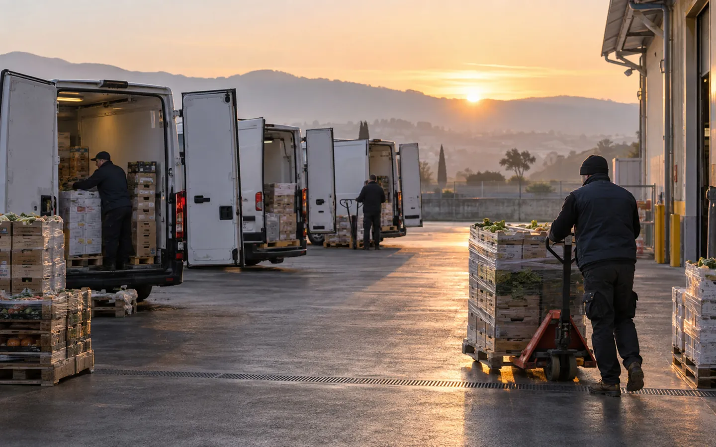 Piazzale di un magazzino all’alba, furgoni refrigerati in fila