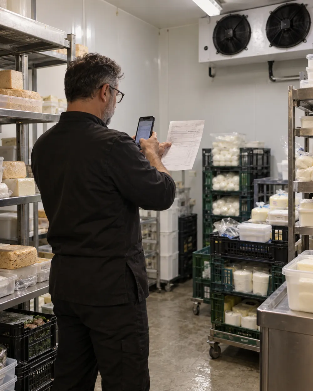 Economo in cella frigo che fotografa una bolla con il telefono