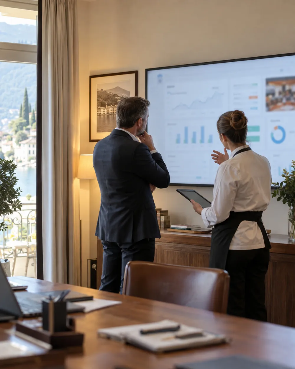Direttore e F&B manager davanti alla dashboard nell’ufficio direzione