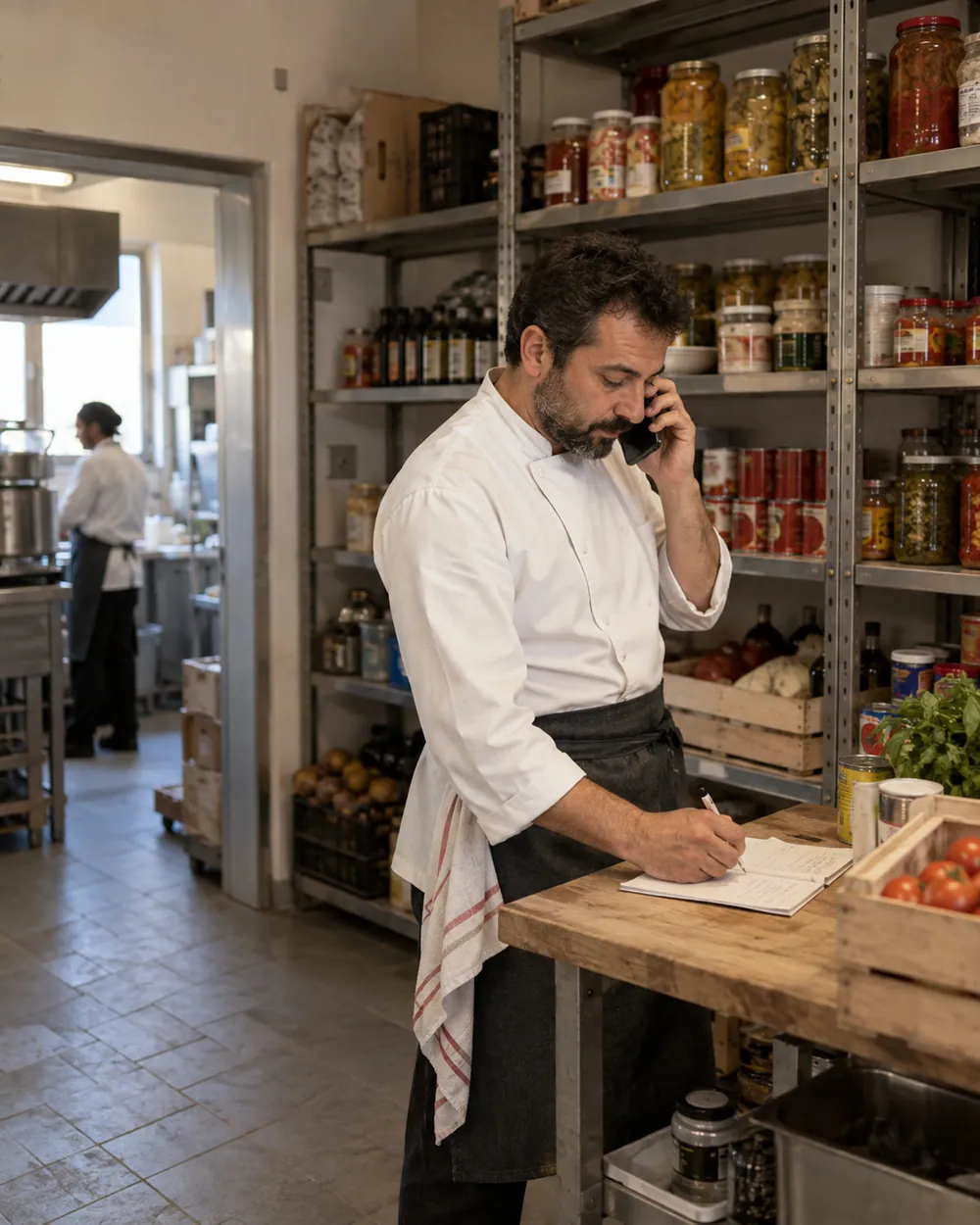 Chef in dispensa che detta la lista al telefono