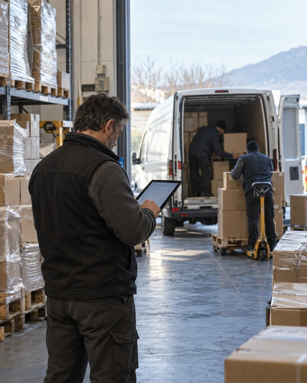 Responsabile ordini con il tablet nel magazzino, furgone in carico