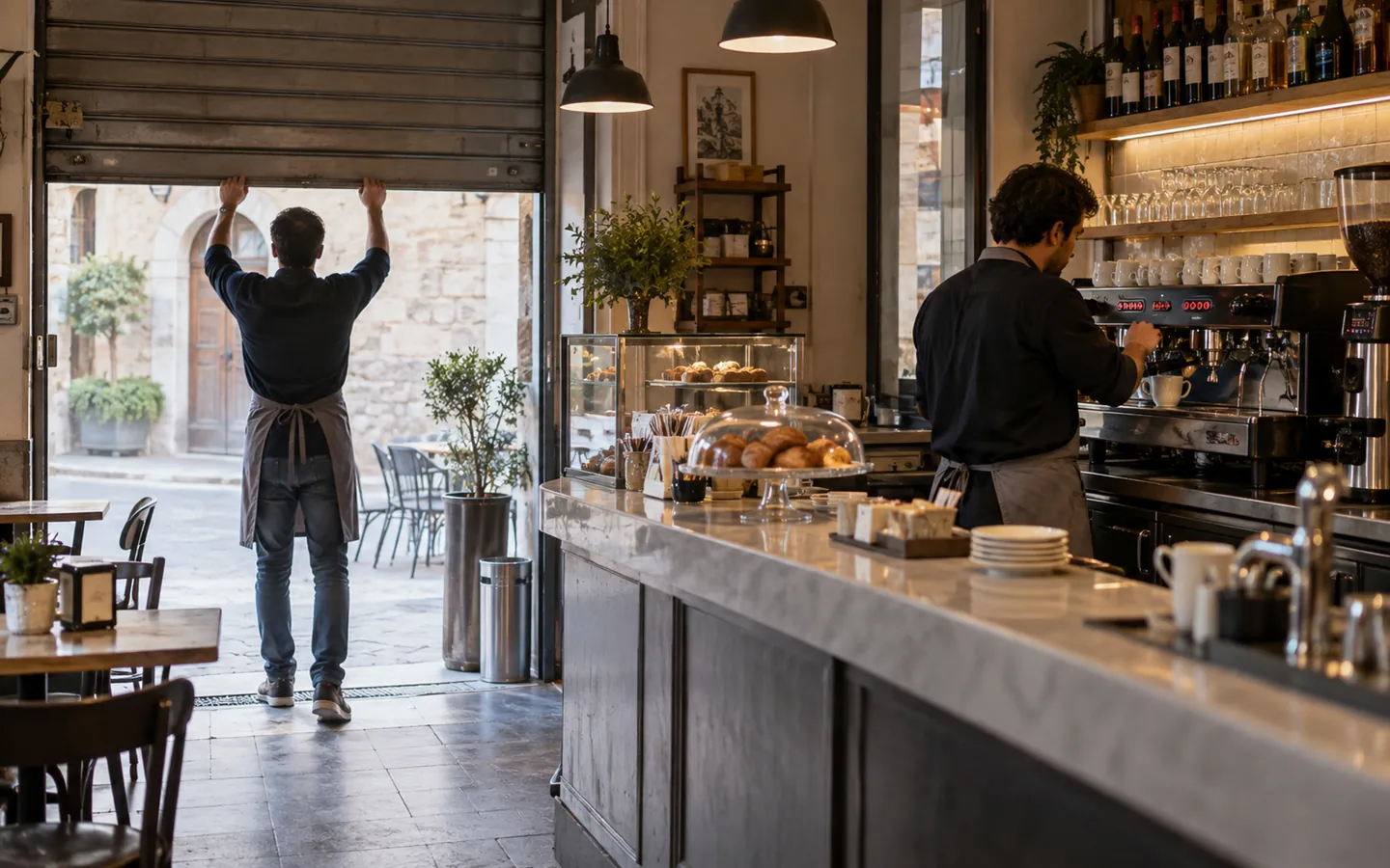 Barista che alza la serranda e accende la macchina del caffè