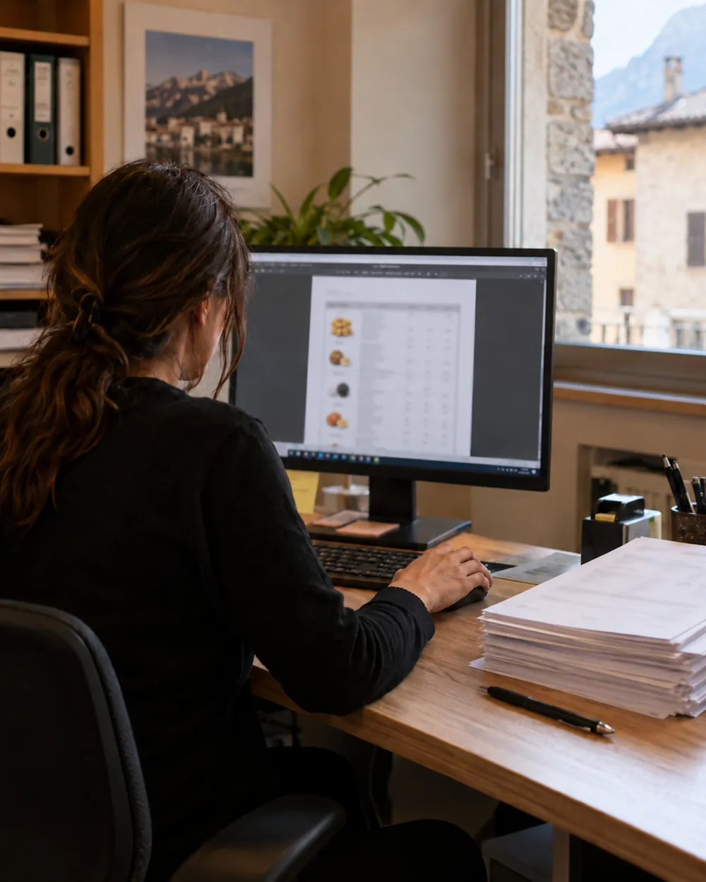 Listino in PDF a schermo, pila di note di credito stampate