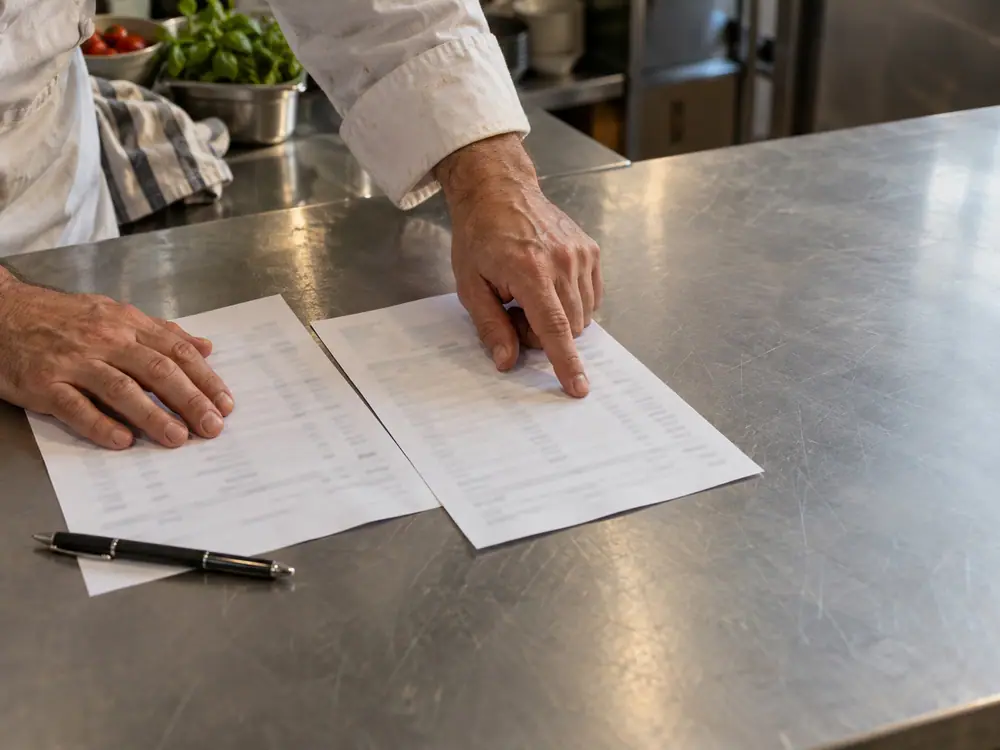 Hands comparing a packing slip and an invoice
