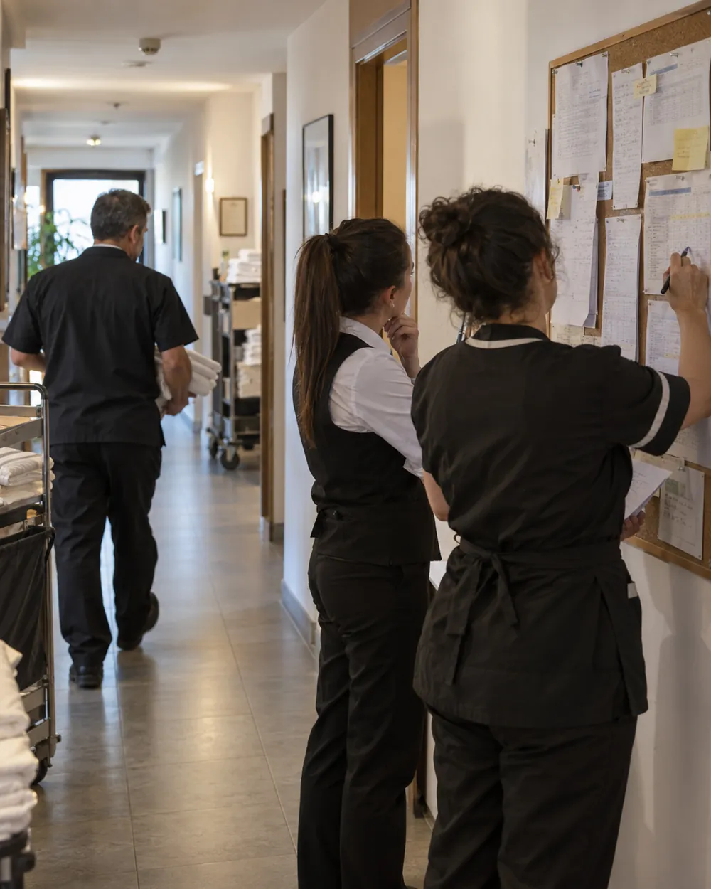 Bacheca dei turni con fogli sovrapposti e correzioni a penna