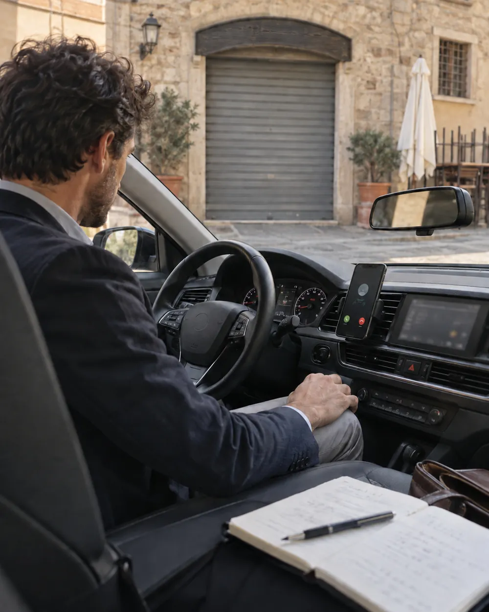 Agente in auto davanti a un ristorante chiuso, quaderno sul sedile