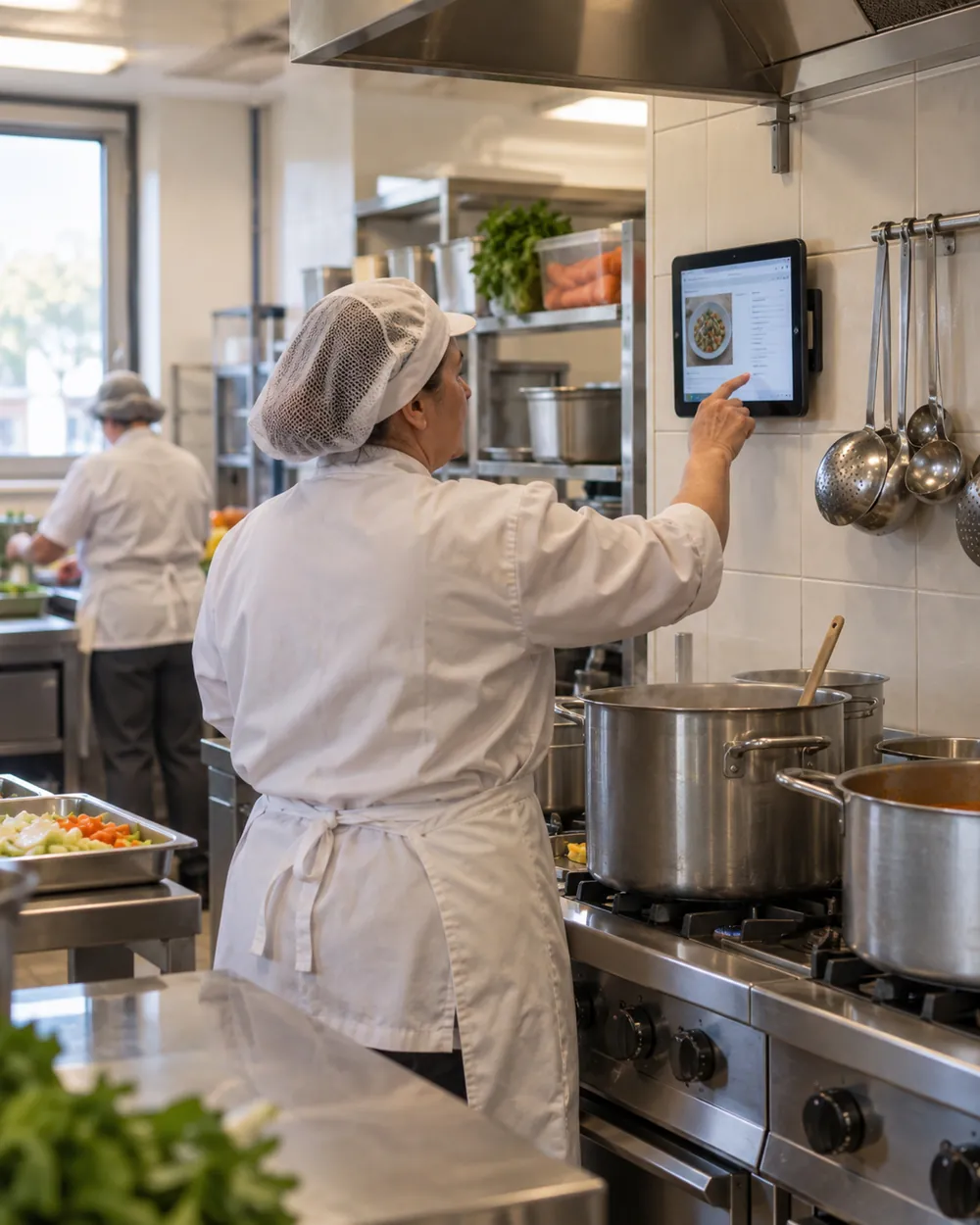 Capocuoca di una mensa scolastica con la ricetta sul tablet a muro