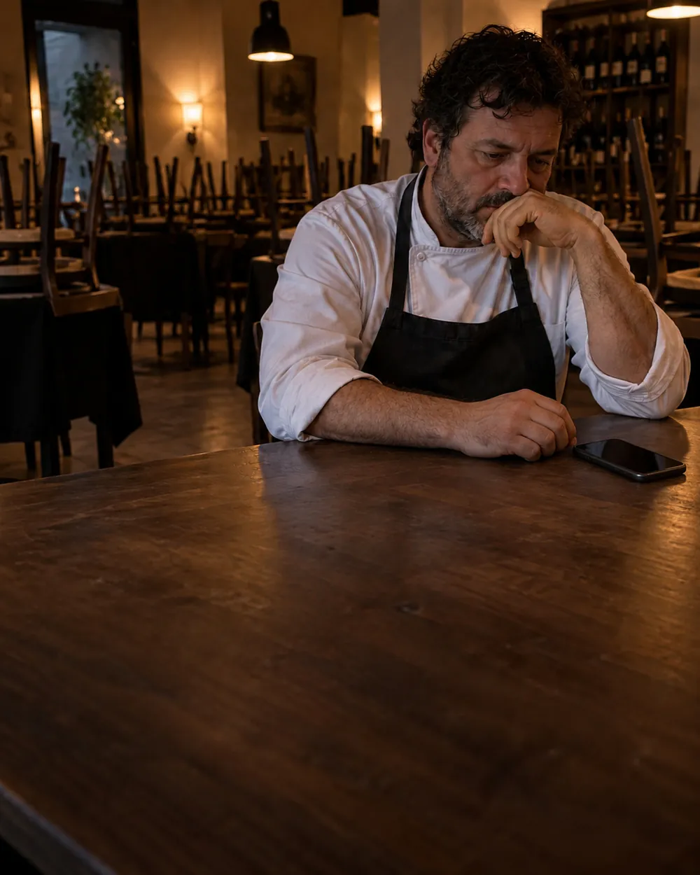 Chef-titolare seduto in sala a fine servizio, sedie alzate sui tavoli