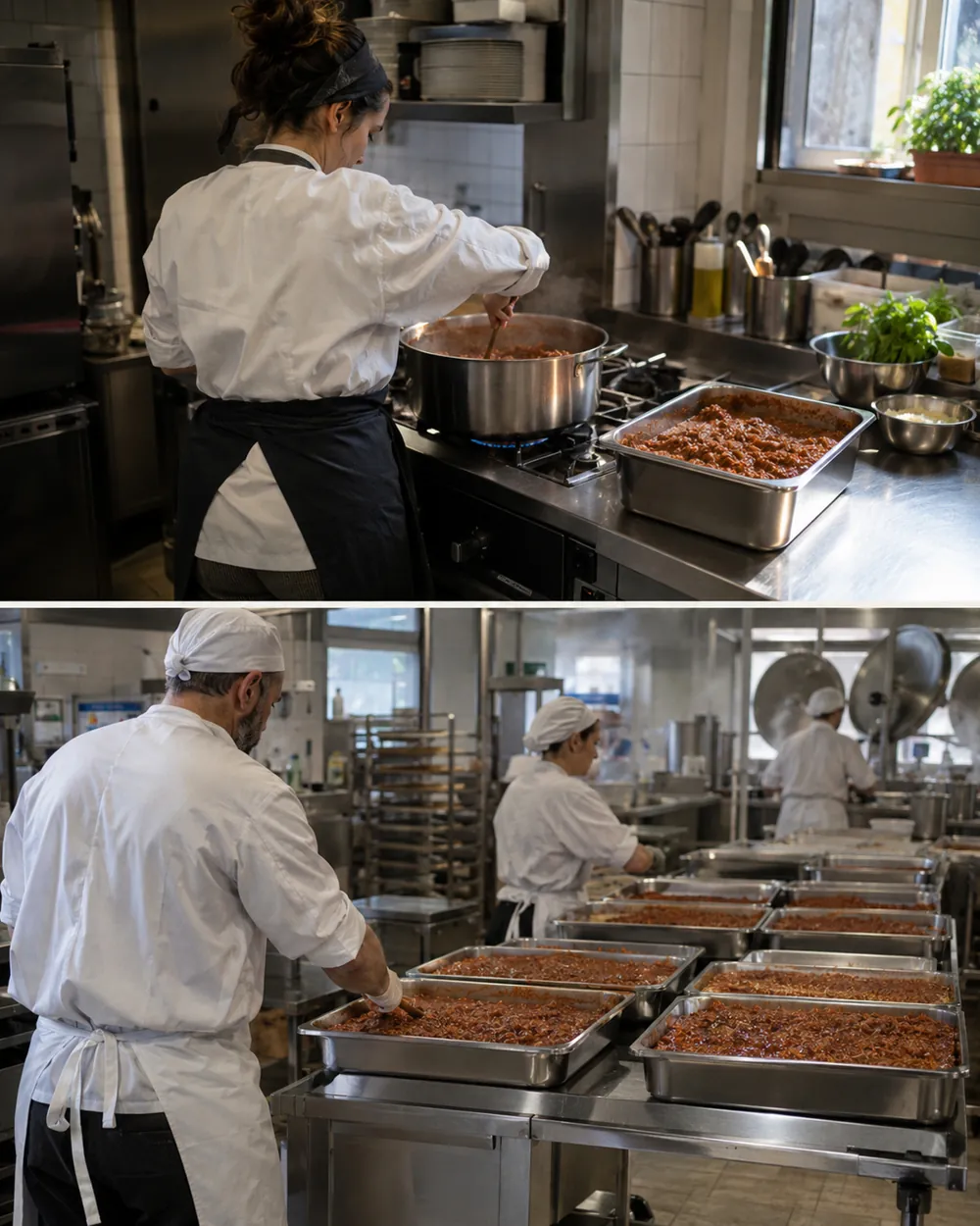 Due cucine collettive che preparano lo stesso piatto in quantità diverse