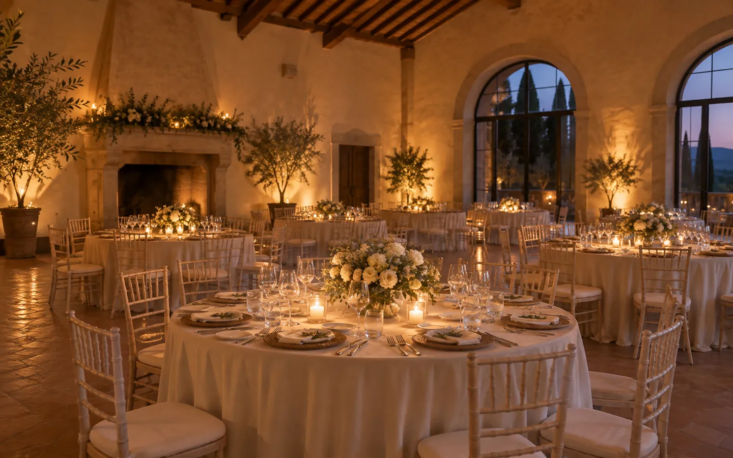 Sala di un banchetto allestita e vuota la sera prima dell’evento