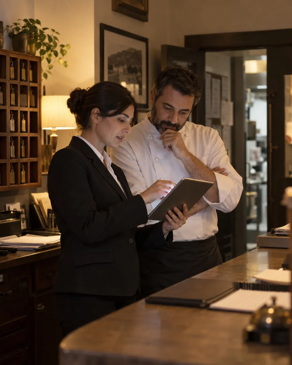 Capo ricevimento e chef davanti al tablet nel back office, di sera