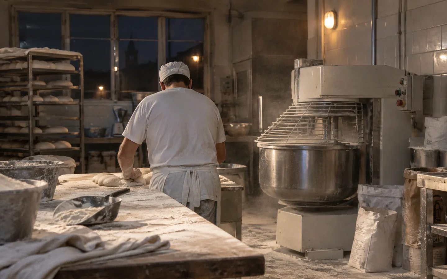 Laboratorio di panificio alle quattro del mattino, impastatrice in funzione
