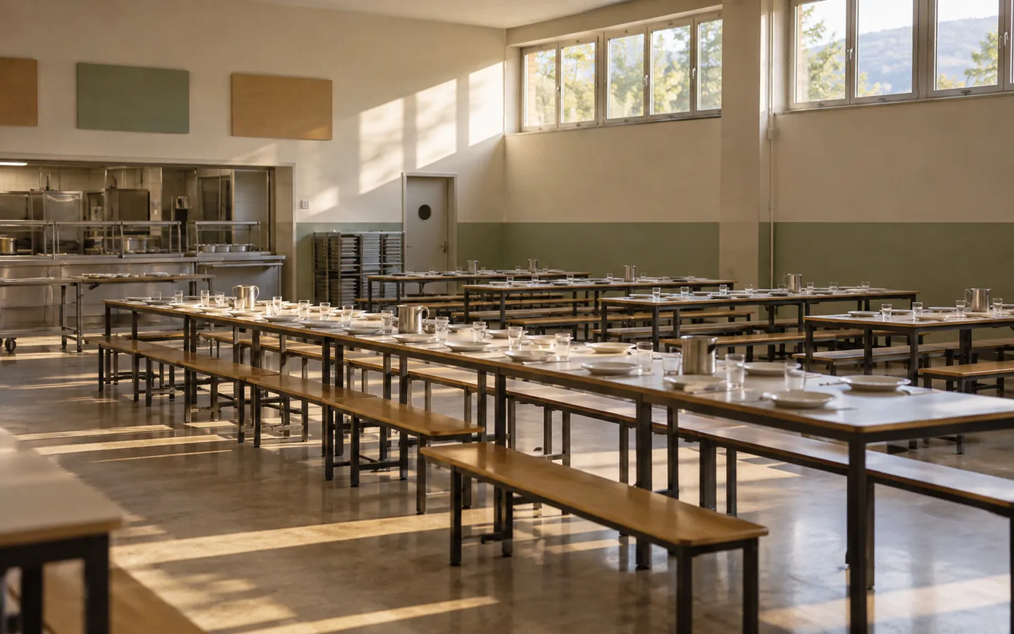 Refettorio vuoto di una scuola al mattino